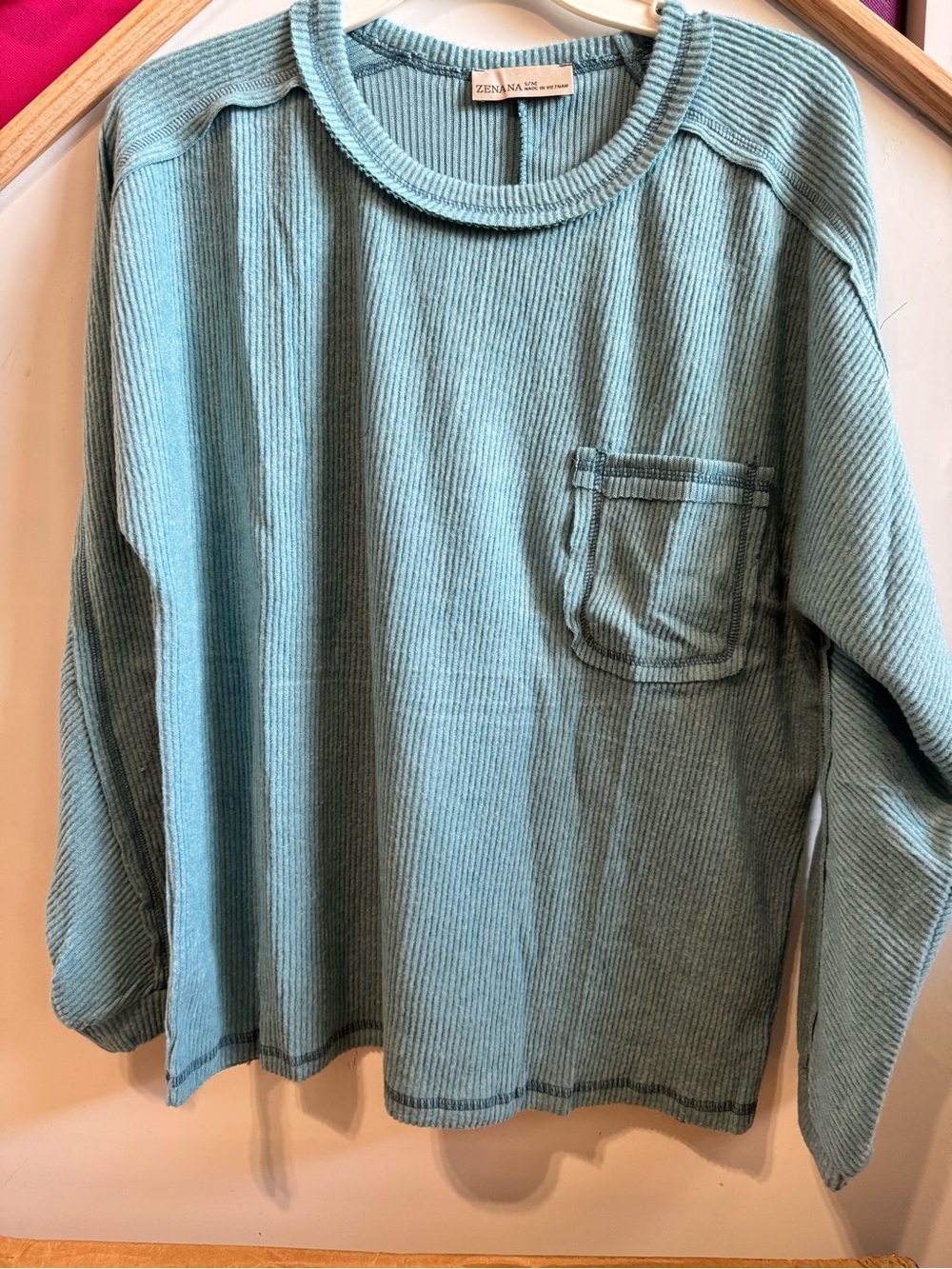 Zenana Outfitters Kids Ribbed Long-Sleeve Pocket Tee in Teal Blue
